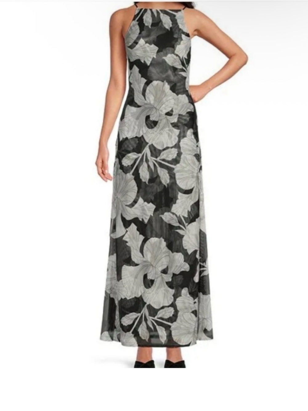 Gianni Bini X Caelynn Bell Marie A-line Maxi Dress Mesh Floral Black
